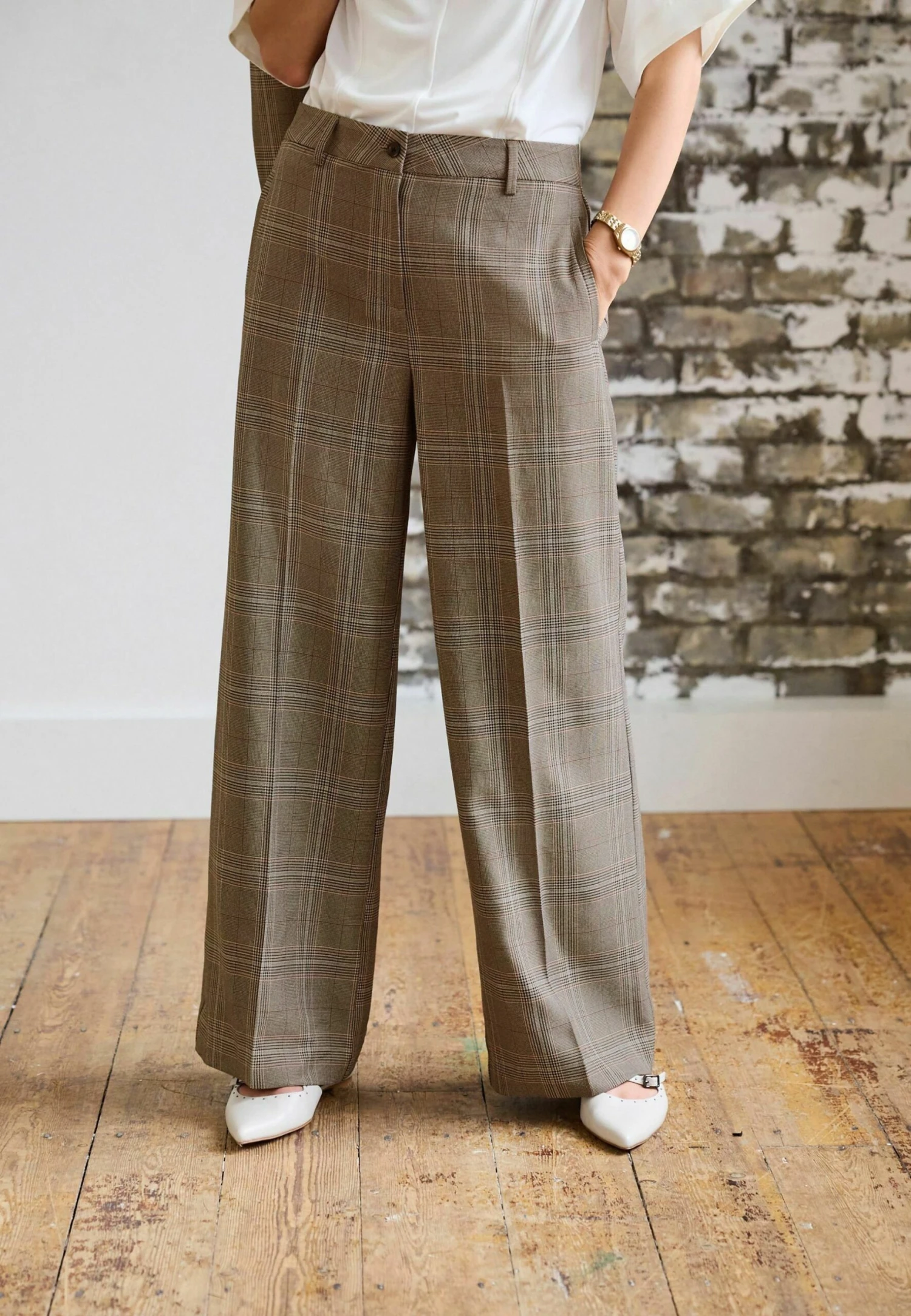 Next Tailored Wide Standard Tall - Broek - Natural Check 2 Next Tailored Wide Standard Tall - Broek - Natural Check - Afbeelding 2