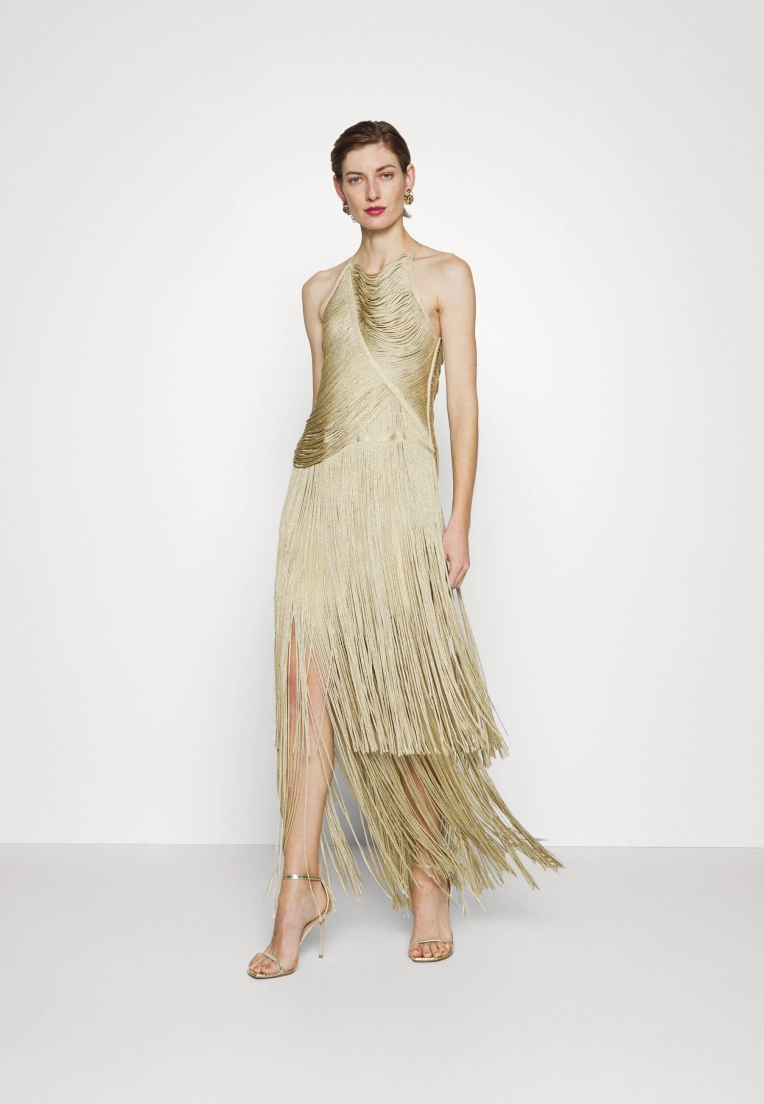 HERVE LEGER Metallic Draped Fringe Gown - Galajurk - Metallic Gold 4 HERVE LEGER Metallic Draped Fringe Gown - Galajurk - Metallic Gold - Afbeelding 4