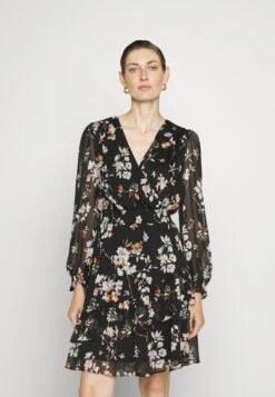 DKNY V Neck Dress With Asymmetric Ruffle Hem - Jurk - Black/Multi