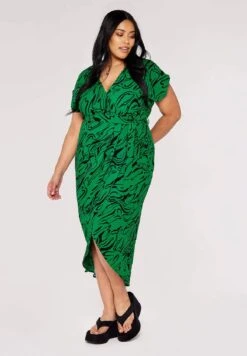 Apricot Curve Waves Wrap- Jurk - Green