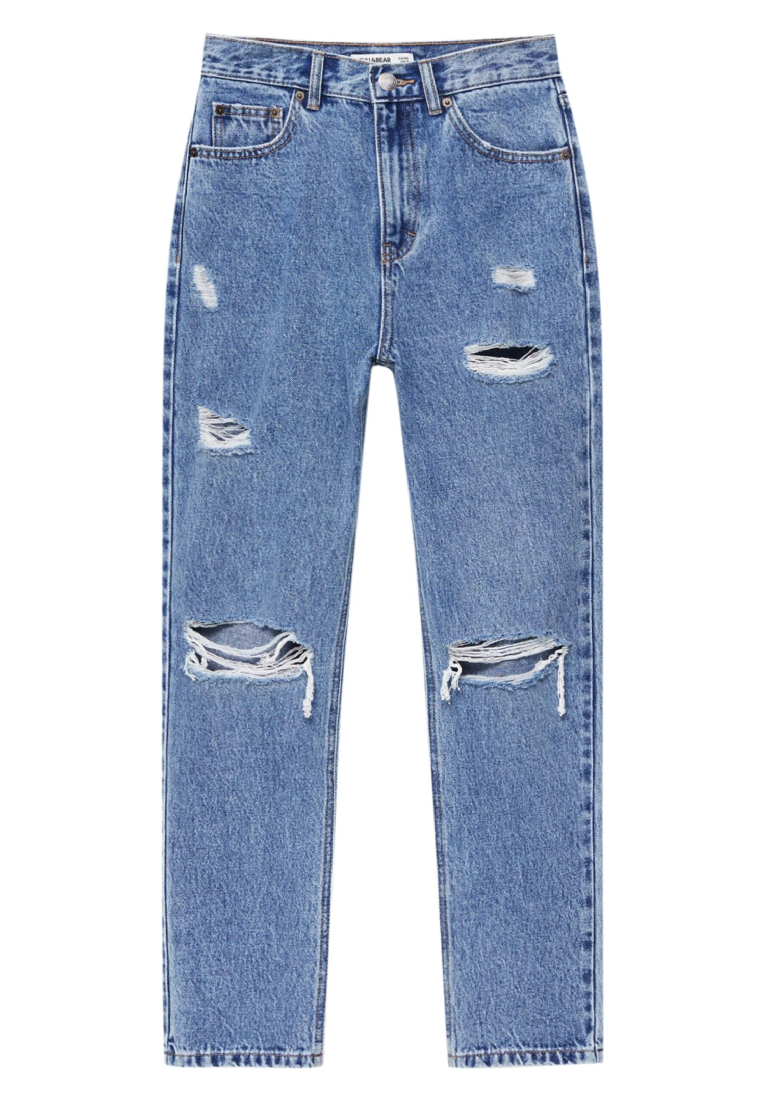 PULL & BEAR Ripped- Straight Leg Jeans - Blue Denim 6 PULL & BEAR Ripped- Straight Leg Jeans - Blue Denim - Afbeelding 6