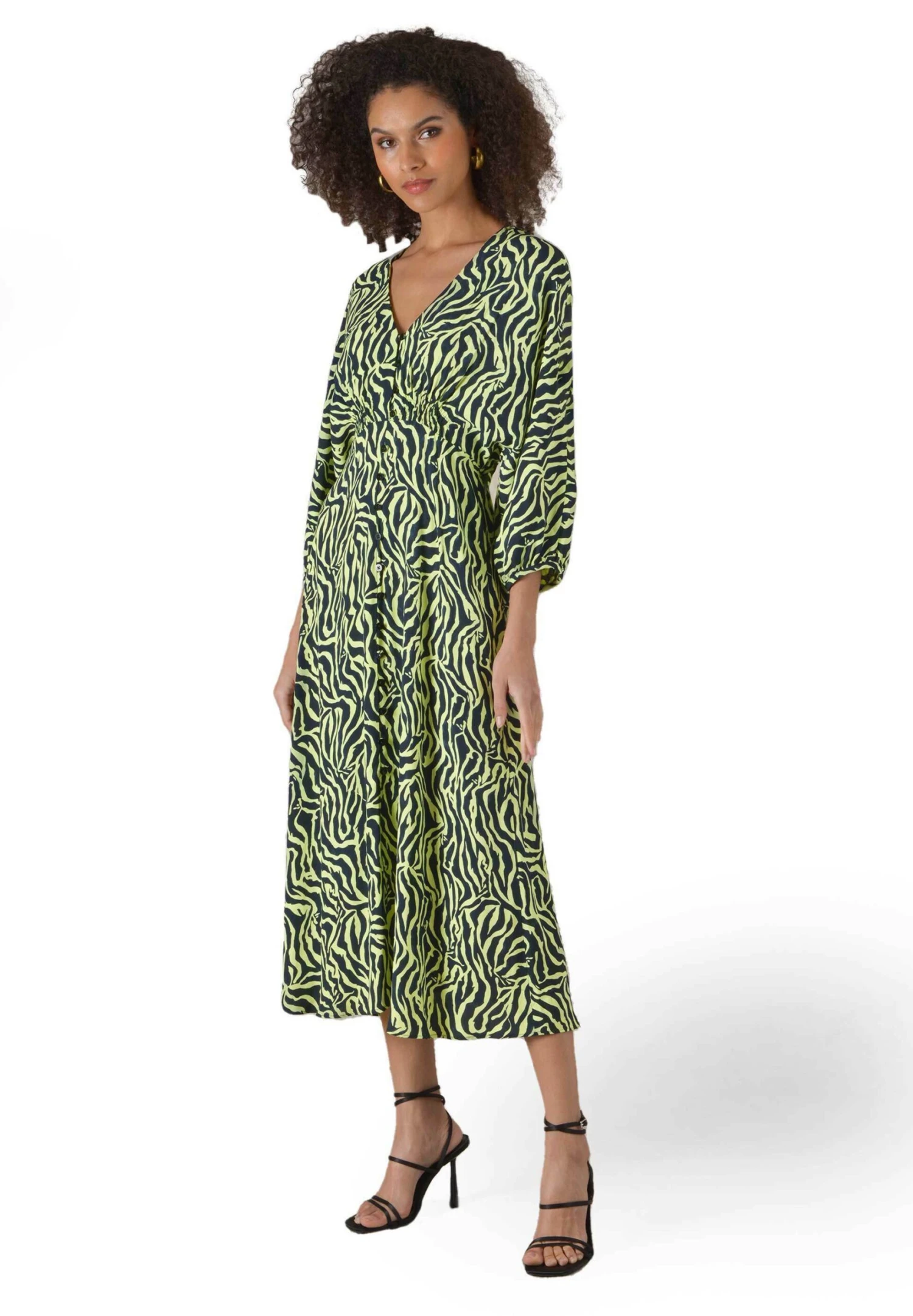 Zebra Button Front Midi - Blousejurk - Green Multi 1 Zebra Button Front Midi - Blousejurk - Green Multi