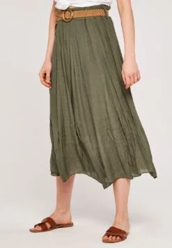 Apricot Shimmer Crinkle Belted - A-Lijn Rok - Khaki