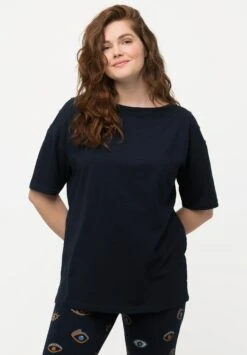 Ulla Popken Eco Button Detail Boat Neck - T-Shirt Basic - Navy Blue