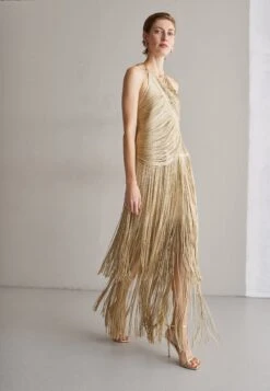 HERVE LEGER Metallic Draped Fringe Gown - Galajurk - Metallic Gold