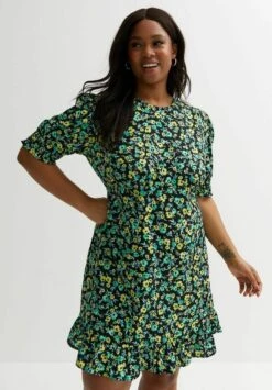 Curves Green Floral Puff Sleeve- Jerseyjurk - Black Pattern