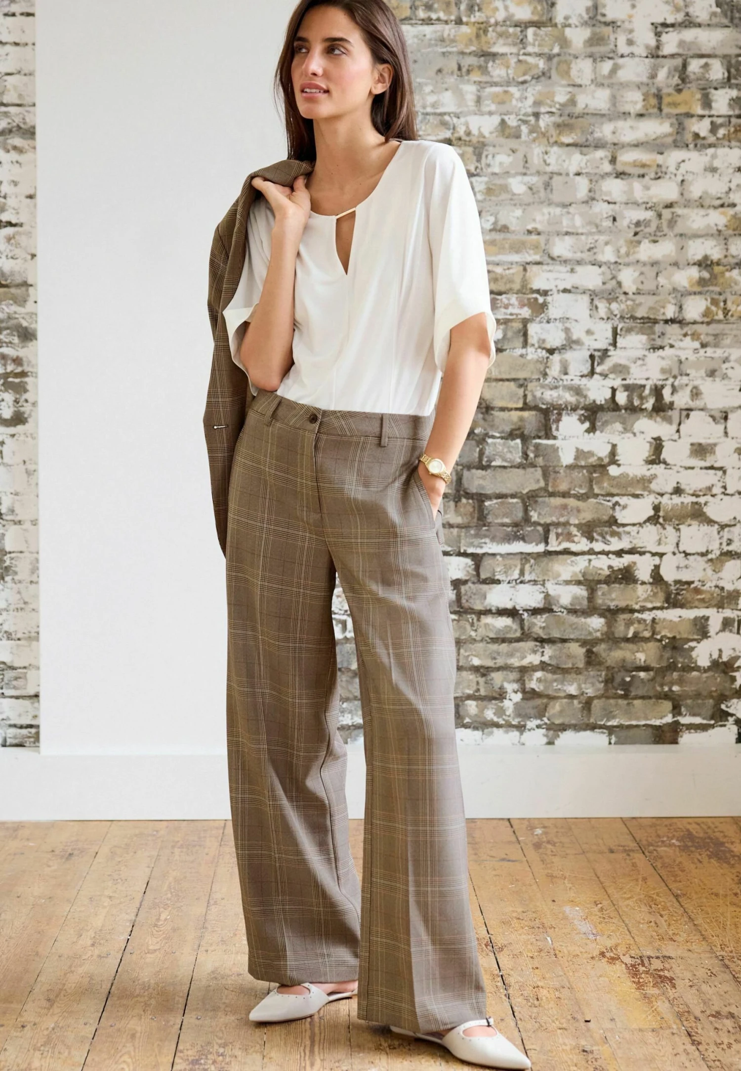 Next Tailored Wide Standard Tall - Broek - Natural Check 1 Next Tailored Wide Standard Tall - Broek - Natural Check