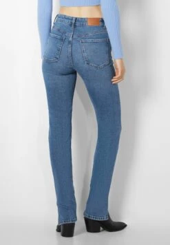 BERSHKA High-Waist Split-Hem - Slim Fit Jeans - Dark Blue -Only Mode Winkel e416a0817b4e4f79a0d485385df56582