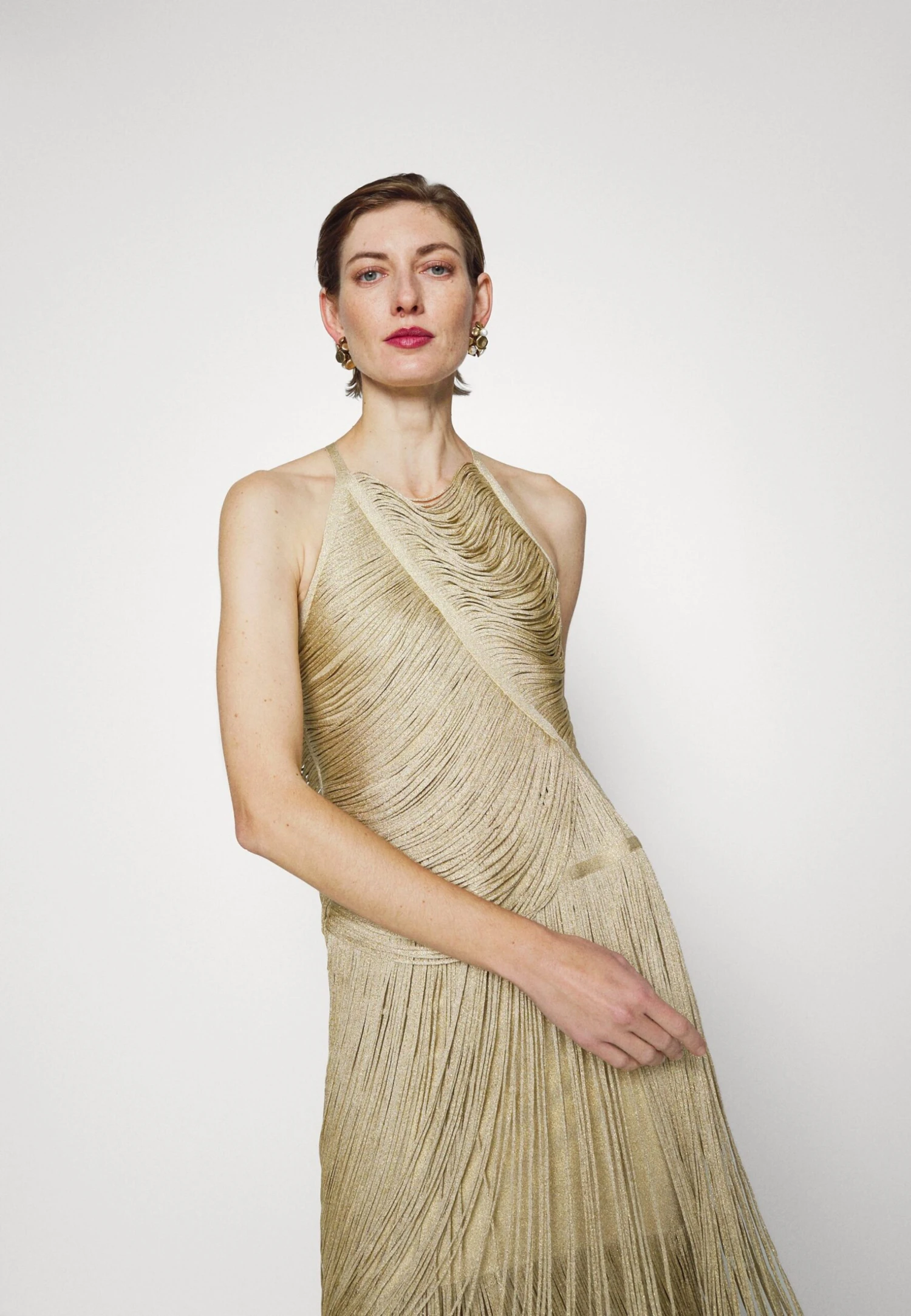 HERVE LEGER Metallic Draped Fringe Gown - Galajurk - Metallic Gold 6 HERVE LEGER Metallic Draped Fringe Gown - Galajurk - Metallic Gold - Afbeelding 6