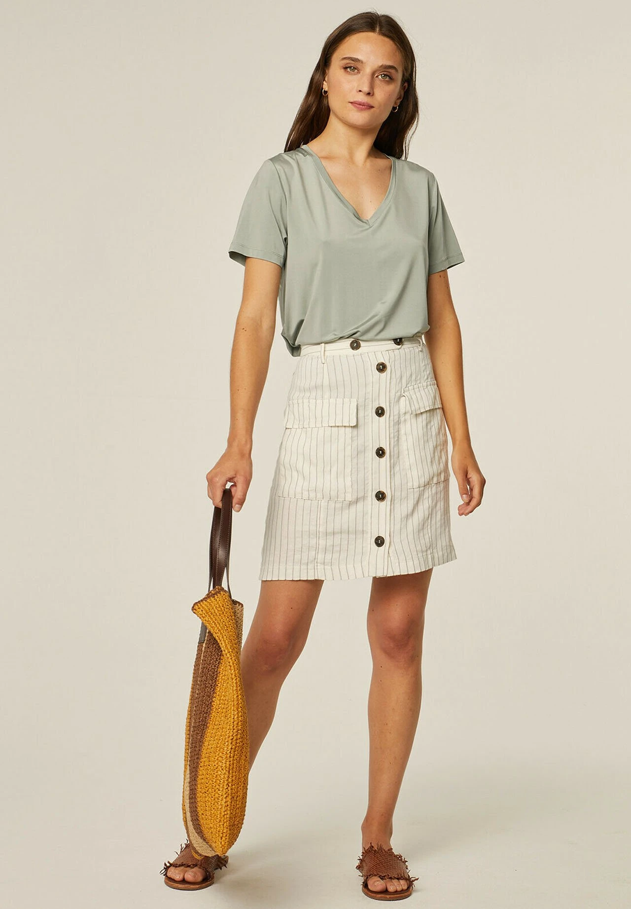 Vertical Striped- A-Lijn Rok - White 2 Vertical Striped- A-Lijn Rok - White - Afbeelding 2