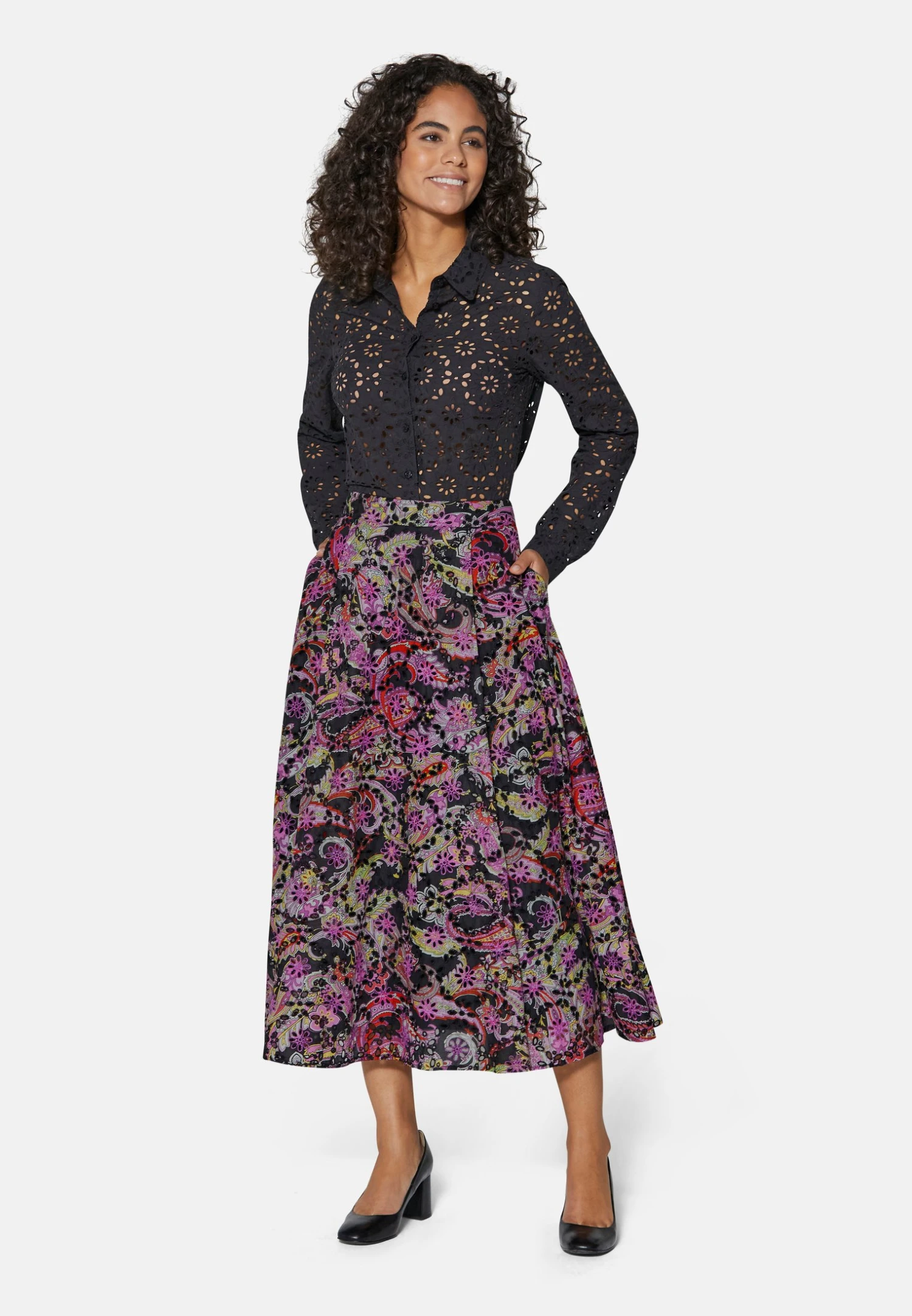 Langer Paisley Mit Madeira Stickerei - A-Lijn Rok - Schwarz Multicolor 2 Langer Paisley Mit Madeira Stickerei - A-Lijn Rok - Schwarz Multicolor - Afbeelding 2